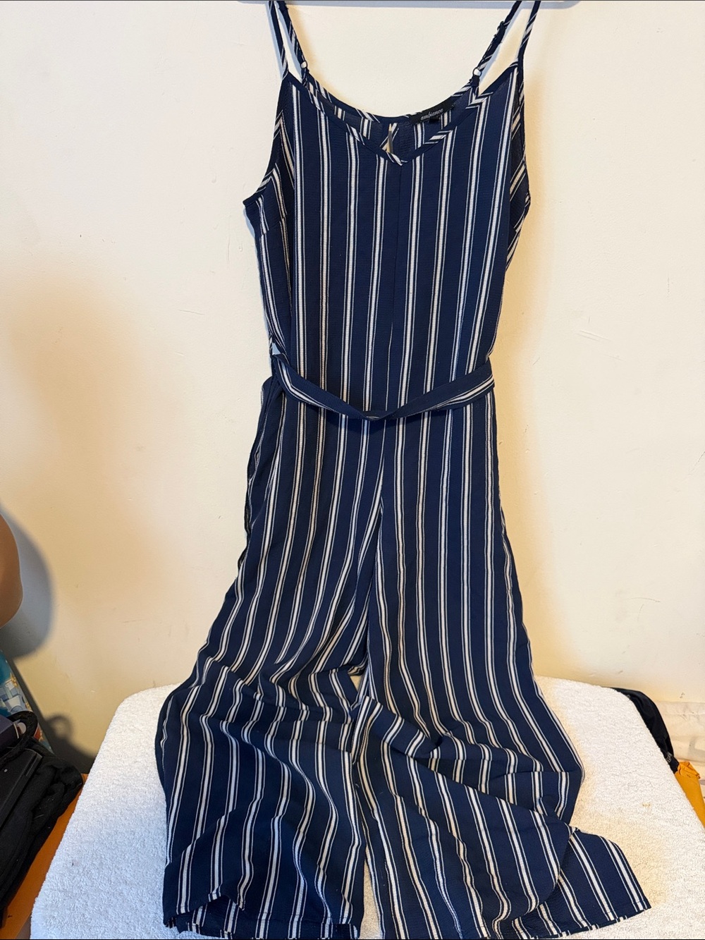 Striped Navy Wide-Leg Jumpsuit with Spaghetti Straps